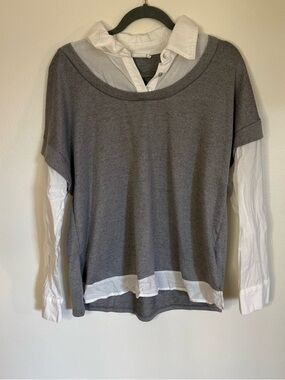 Womens L Suzanne Betro Grey and White Collard Business Casual Long Sleeved Top